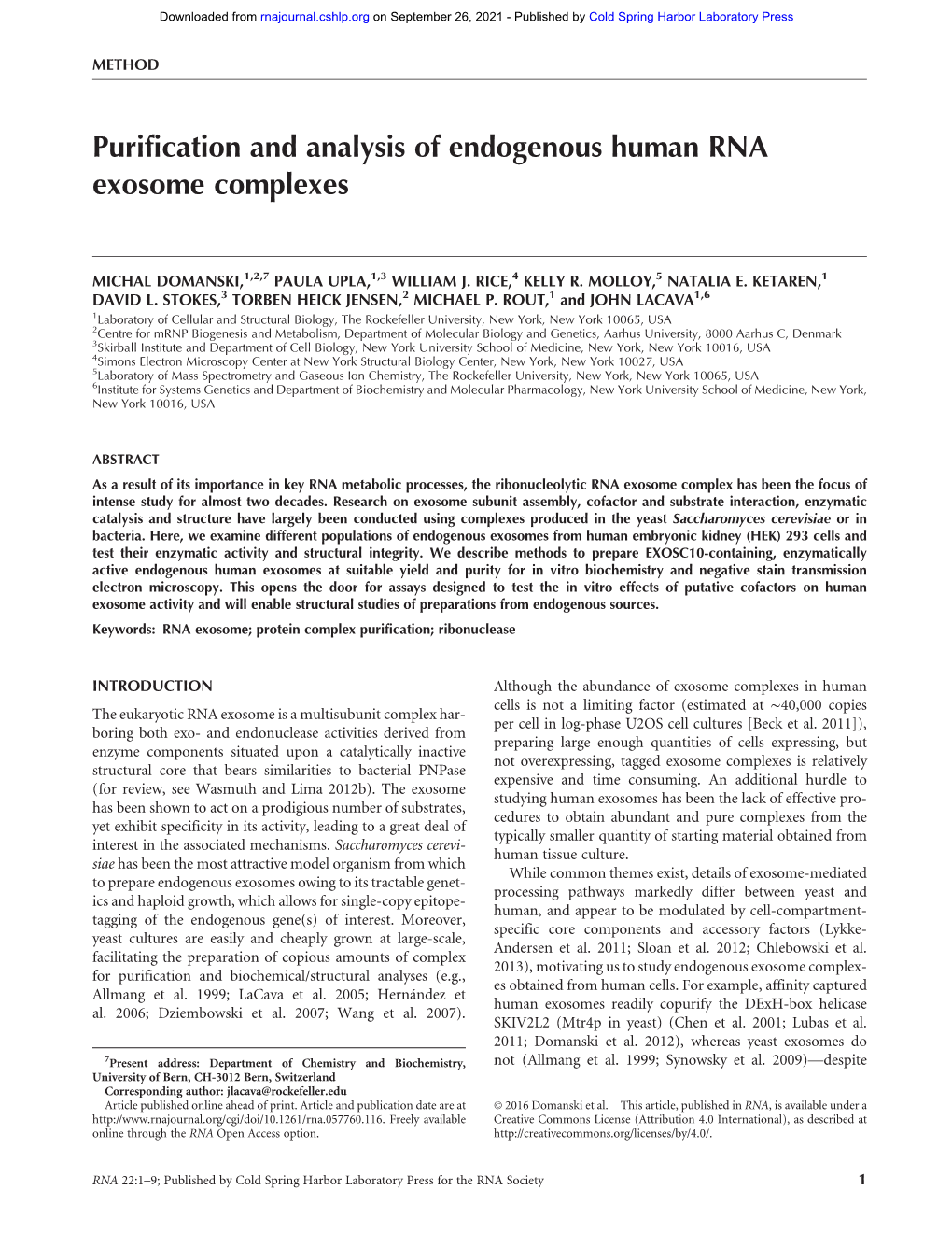 Purification and Analysis of Endogenous Human RNA Exosome Complexes