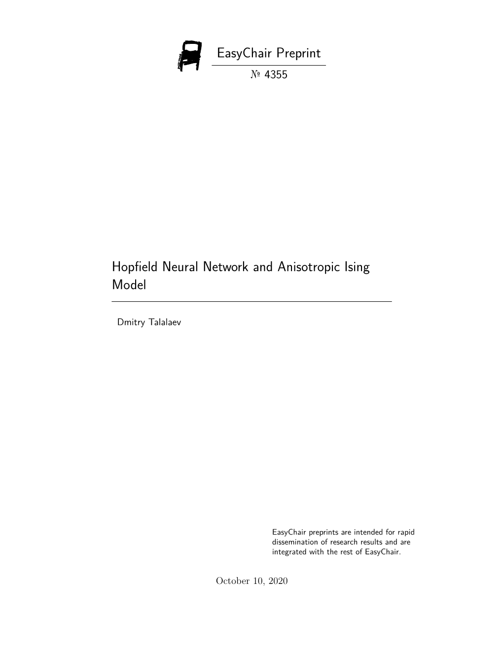 Hopfield Neural Network and Anisotropic Ising Model