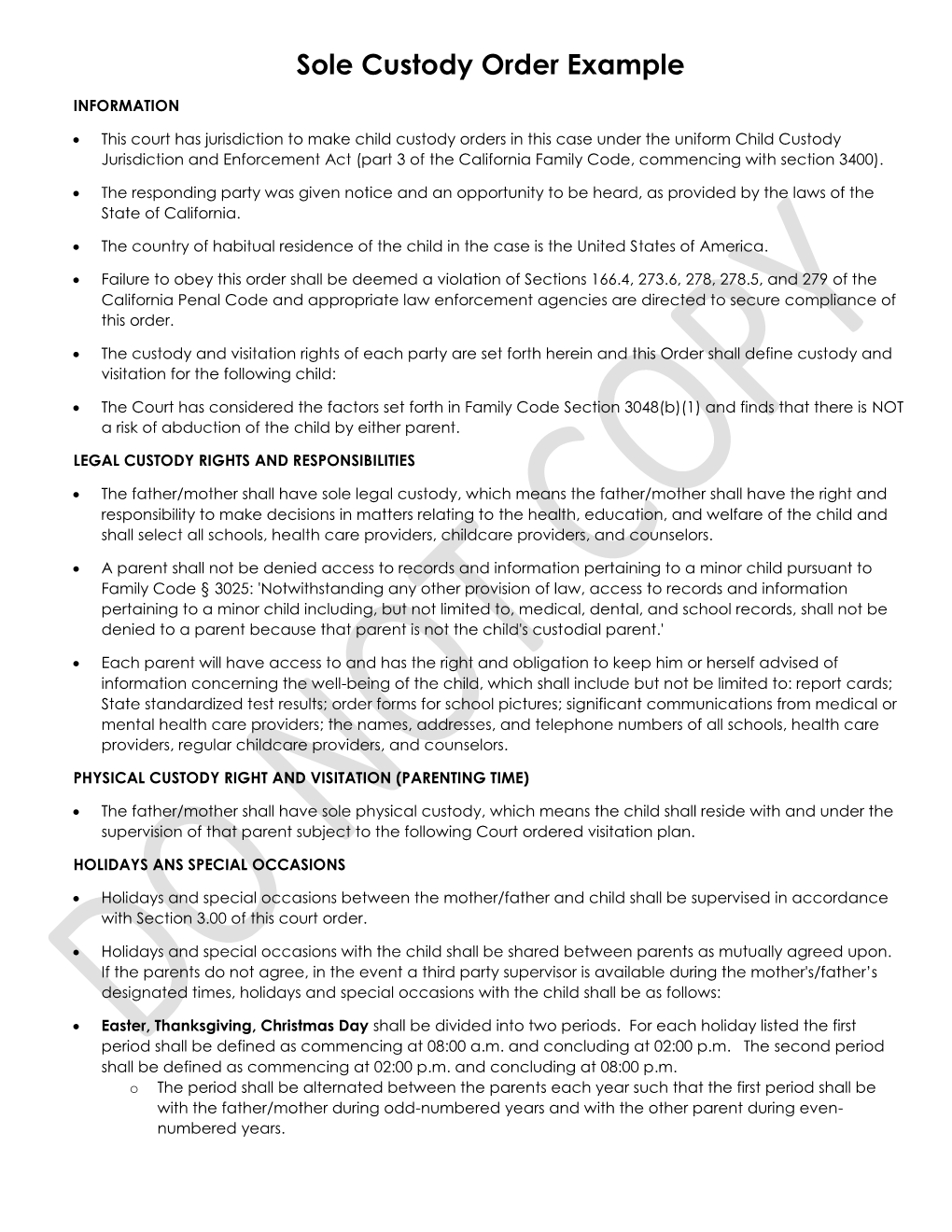 Sole Custody Order Example