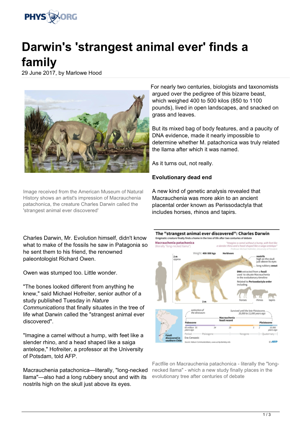 Darwin's 'Strangest Animal Ever' Finds a Family 29 June 2017, by Marlowe Hood