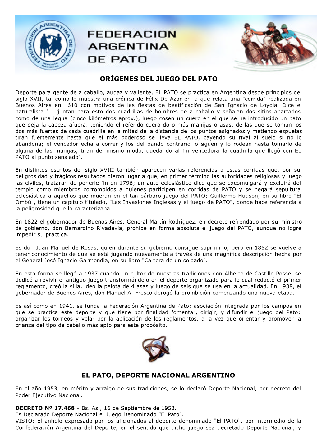 Orígenes Del Juego Del Pato El Pato, Deporte Nacional