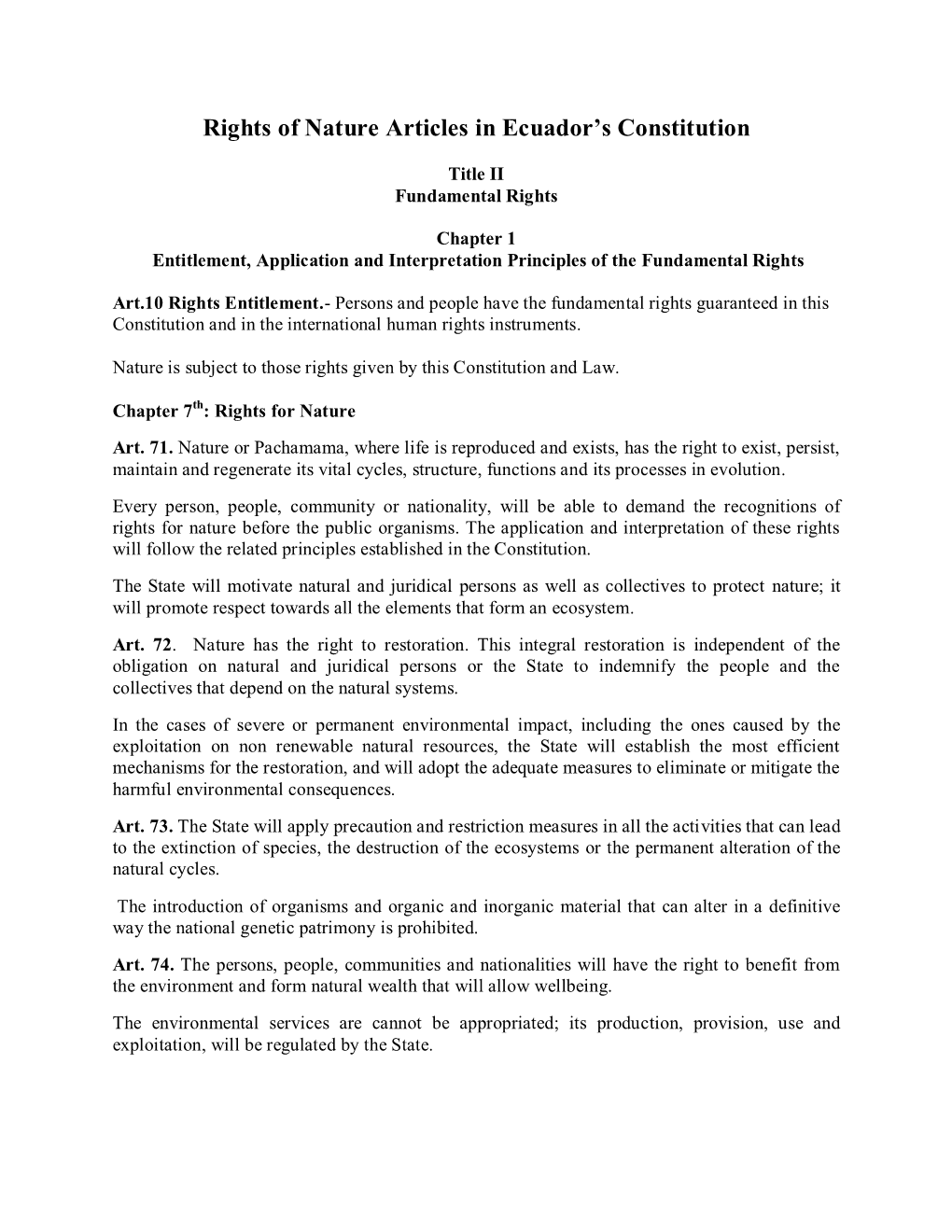 Rights of Nature Articles in Ecuador's Constitution