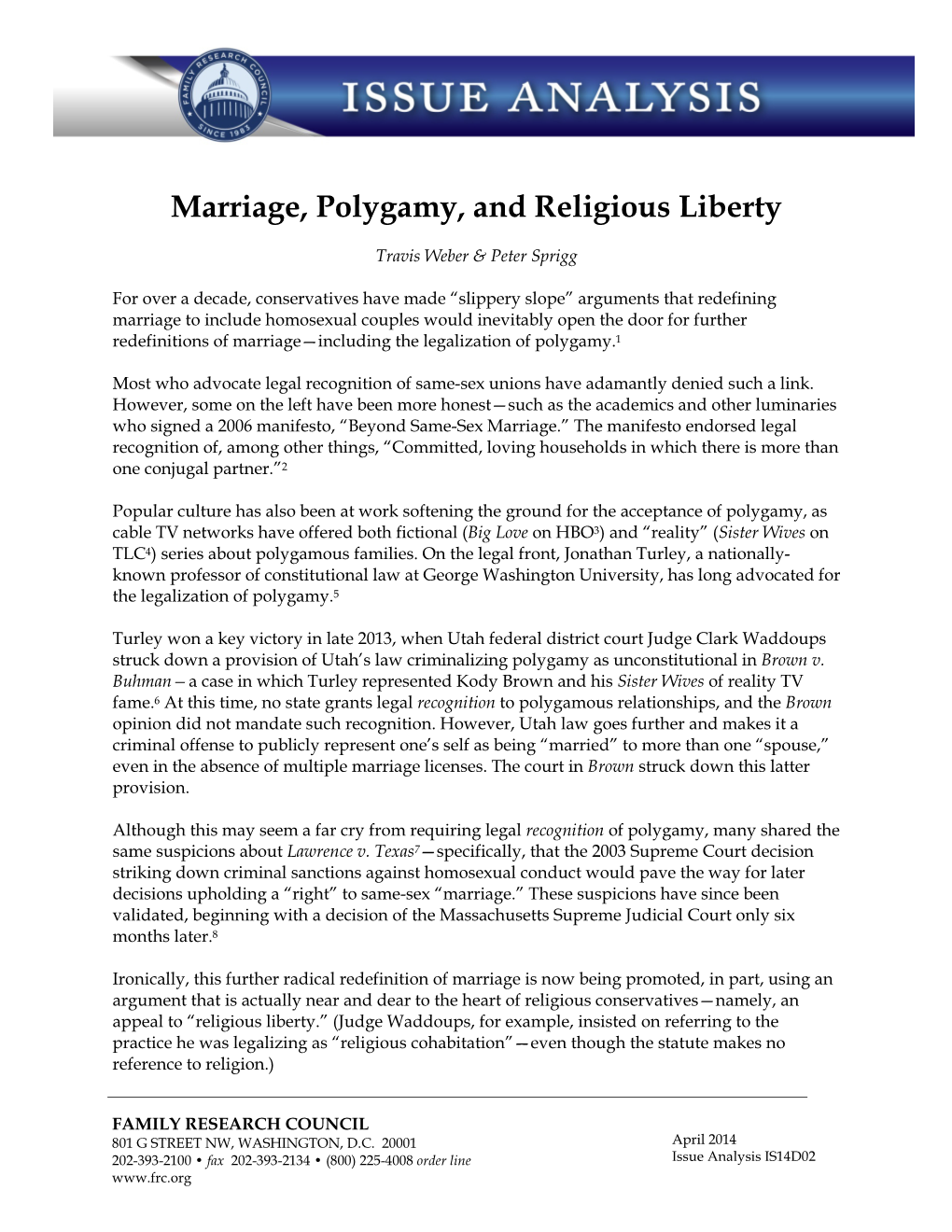 Marriage, Polygamy, and Religious Liberty