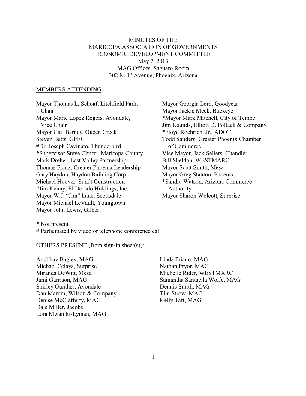 MINUTES of the MARICOPA ASSOCIATION of GOVERNMENTS ECONOMIC DEVELOPMENT COMMITTEE May 7, 2013 MAG Offices, Saguaro Room 302 N