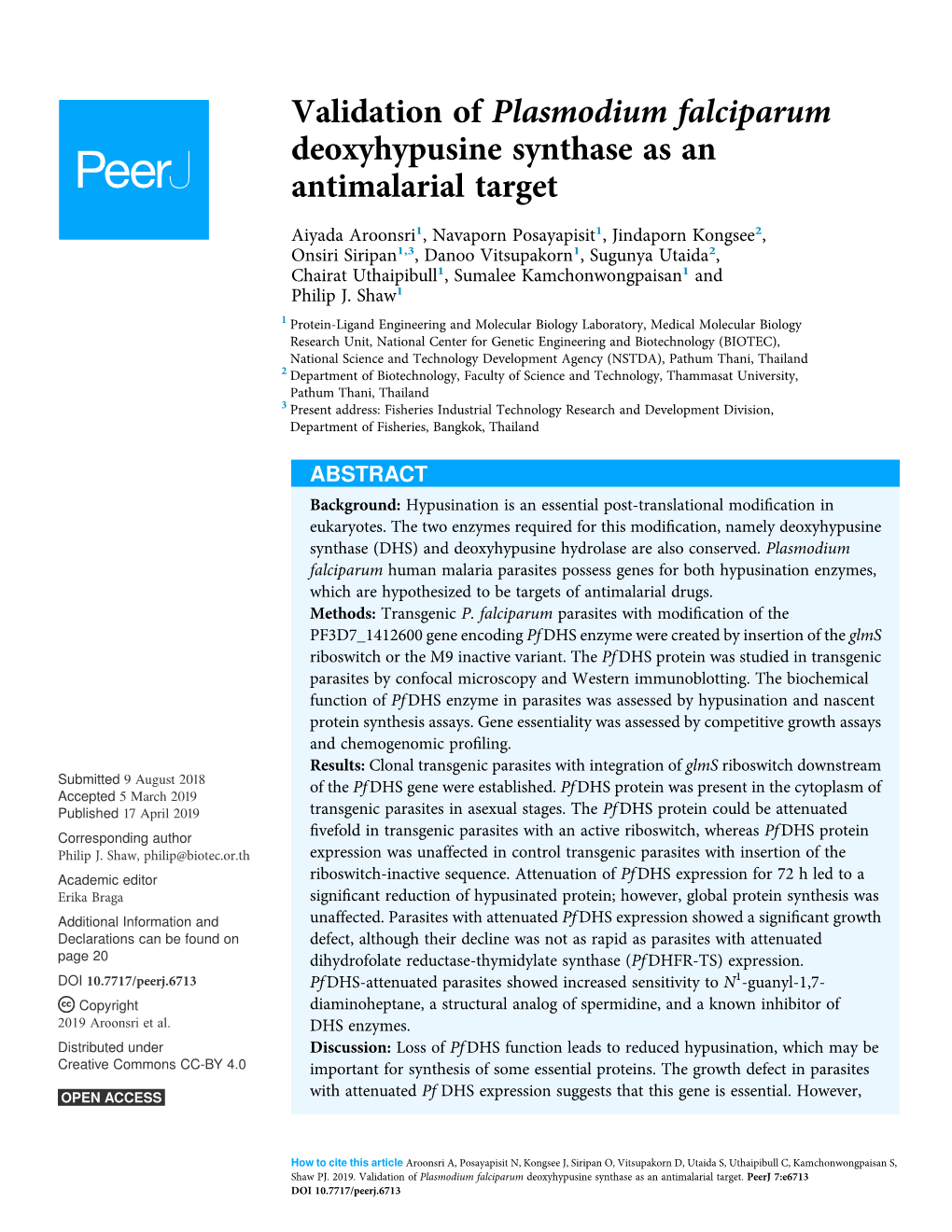 Deoxyhypusine Synthase As an Antimalarial Target