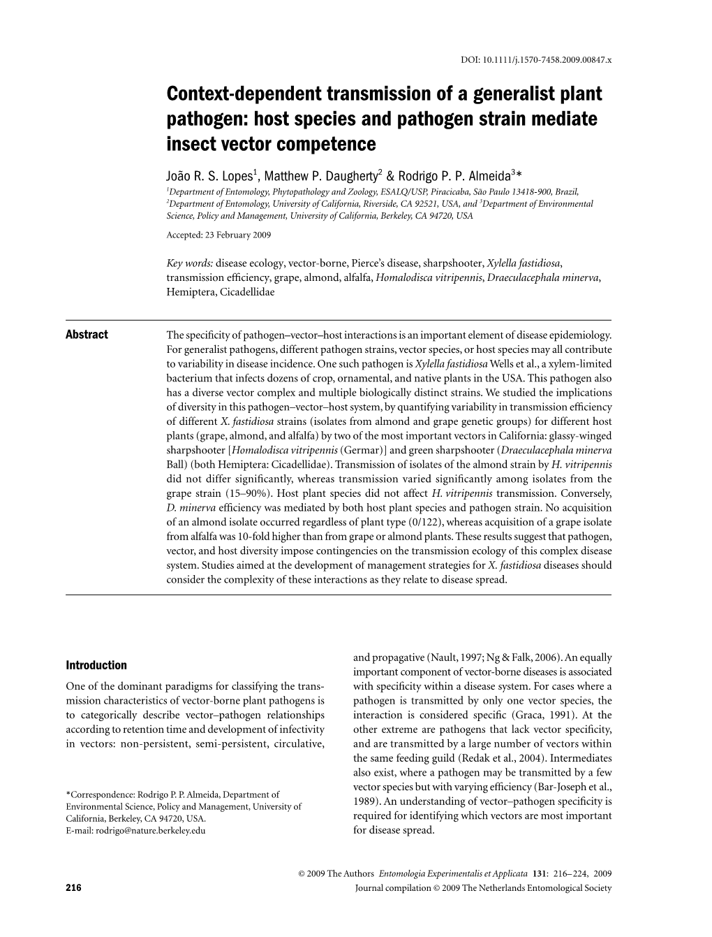 Context-Dependent Transmission of a Generalist Plant Pathogen: Host Species and Pathogen Strain Mediate Insect Vector Competence