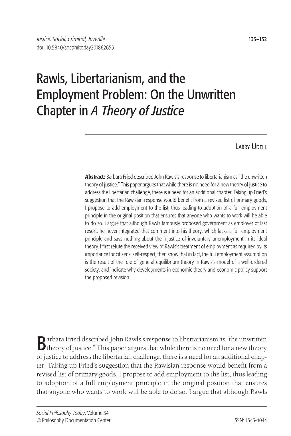 Rawls, Libertarianism, and the Employment Problem: on the Unwritten Chapter in a Theory of Justice