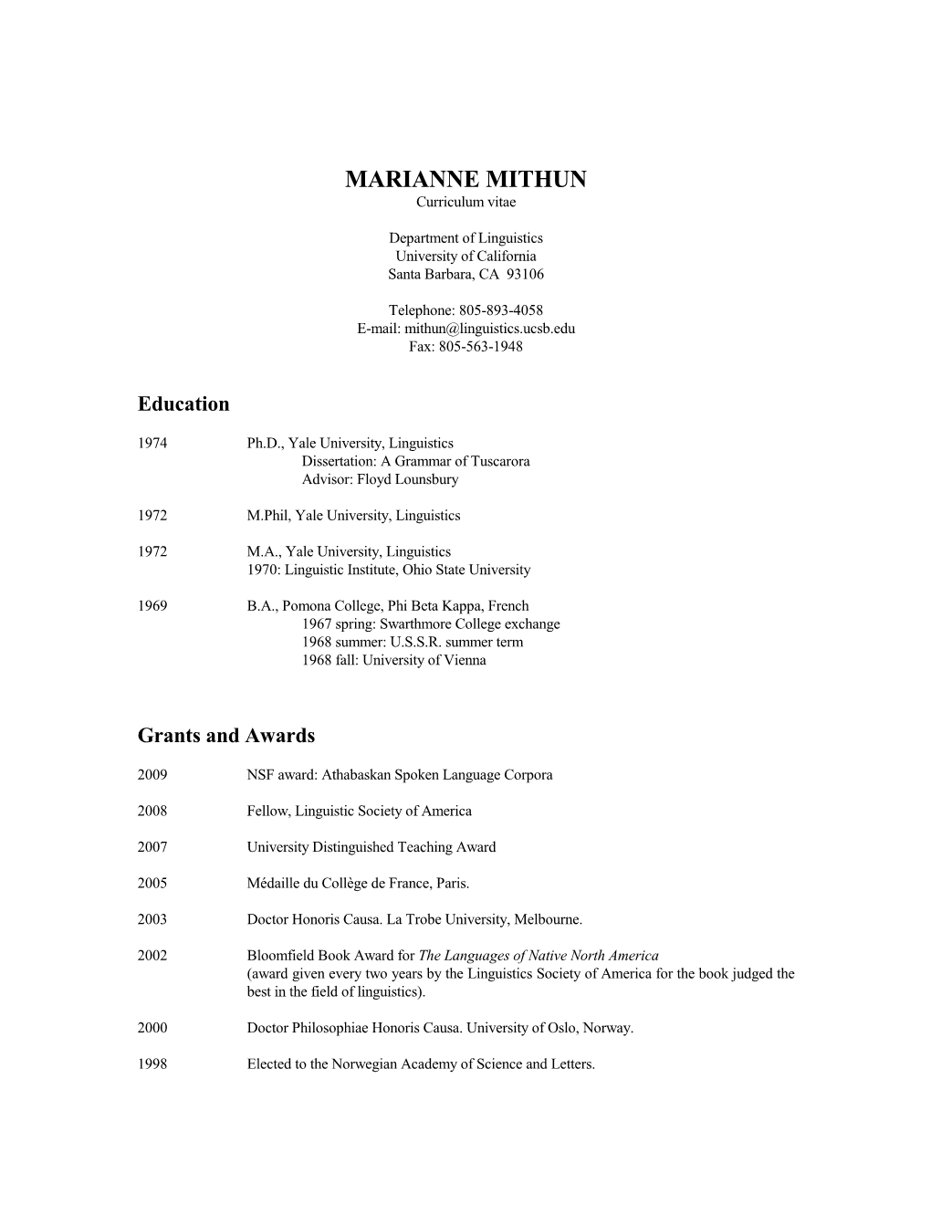 MARIANNE MITHUN Curriculum Vitae