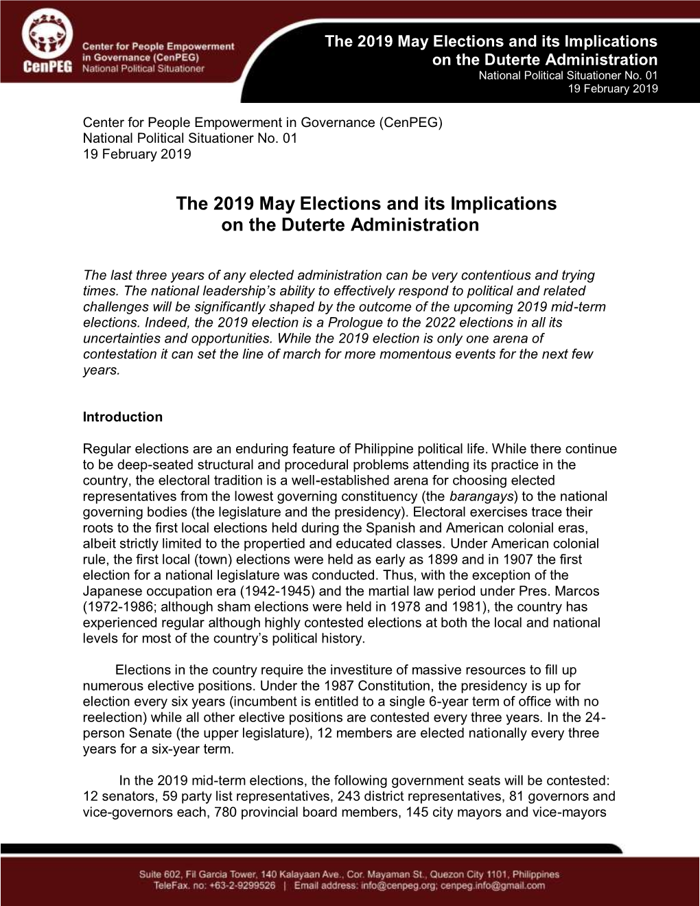 The 2019 May Elections and Its Implications on the Duterte Administration