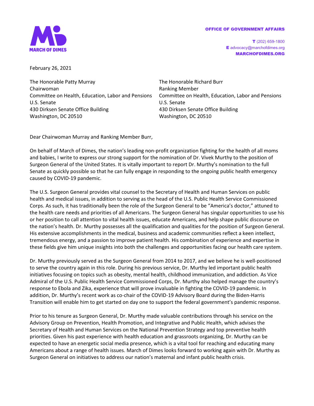 Letter of Support of Dr. Vivek Murthy USSG Nomination, Feb. 26, 2021