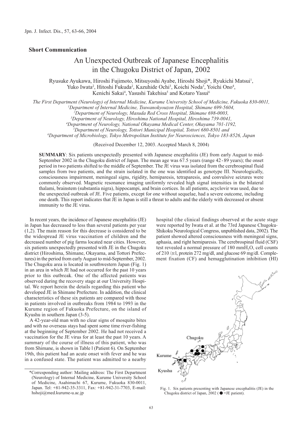 An Unexpected Outbreak of Japanese Encephalitis in the Chugoku District of Japan, 2002
