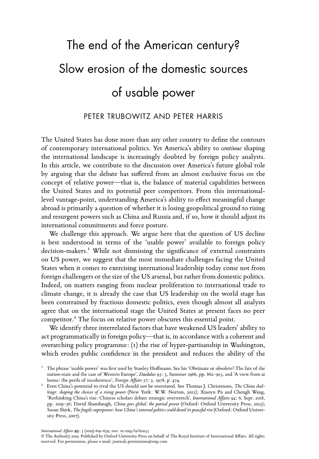 The End of the American Century? Slow Erosion of the Domestic Sources of Usable Power