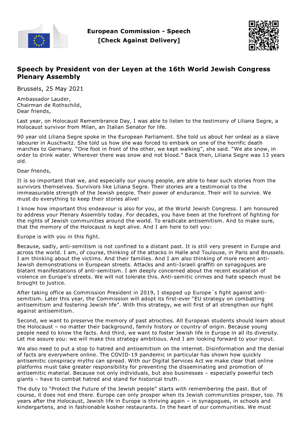 Speech by President Von Der Leyen at the 16Th World Jewish Congress Plenary Assembly