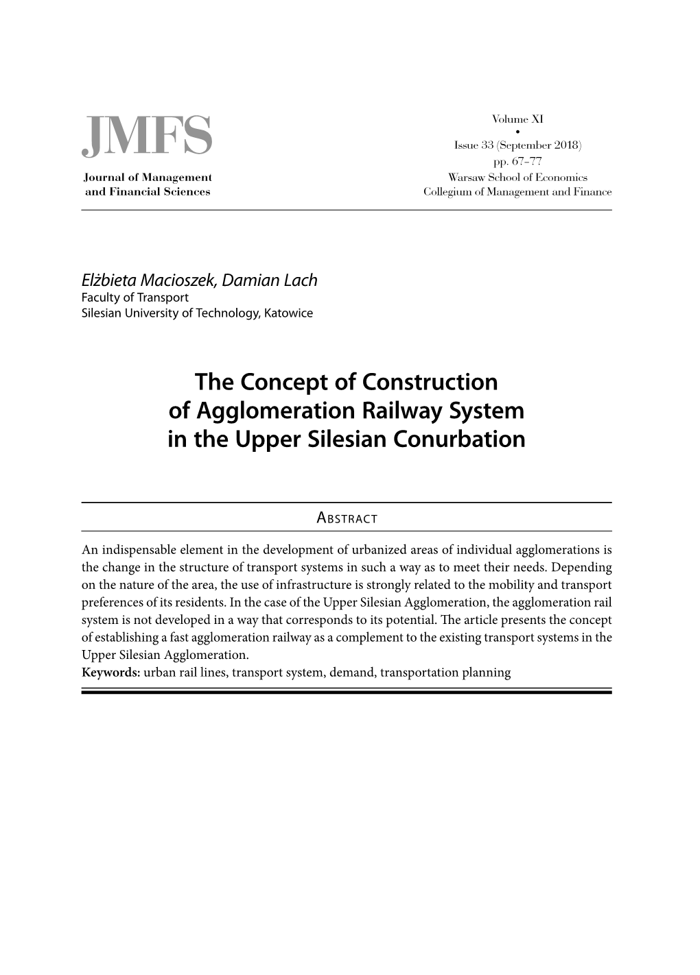 The Concept of Construction of Agglomeration Railway System in the Upper Silesian Conurbation