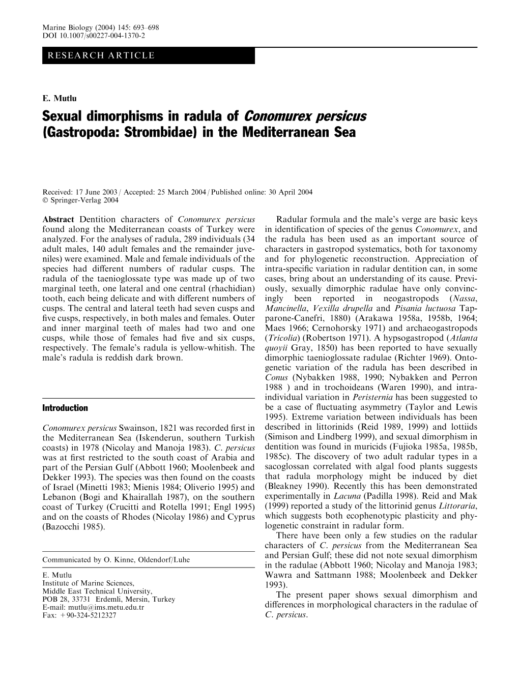 Sexual Dimorphisms in Radula of Conomurex Persicus (Gastropoda: Strombidae) in the Mediterranean Sea