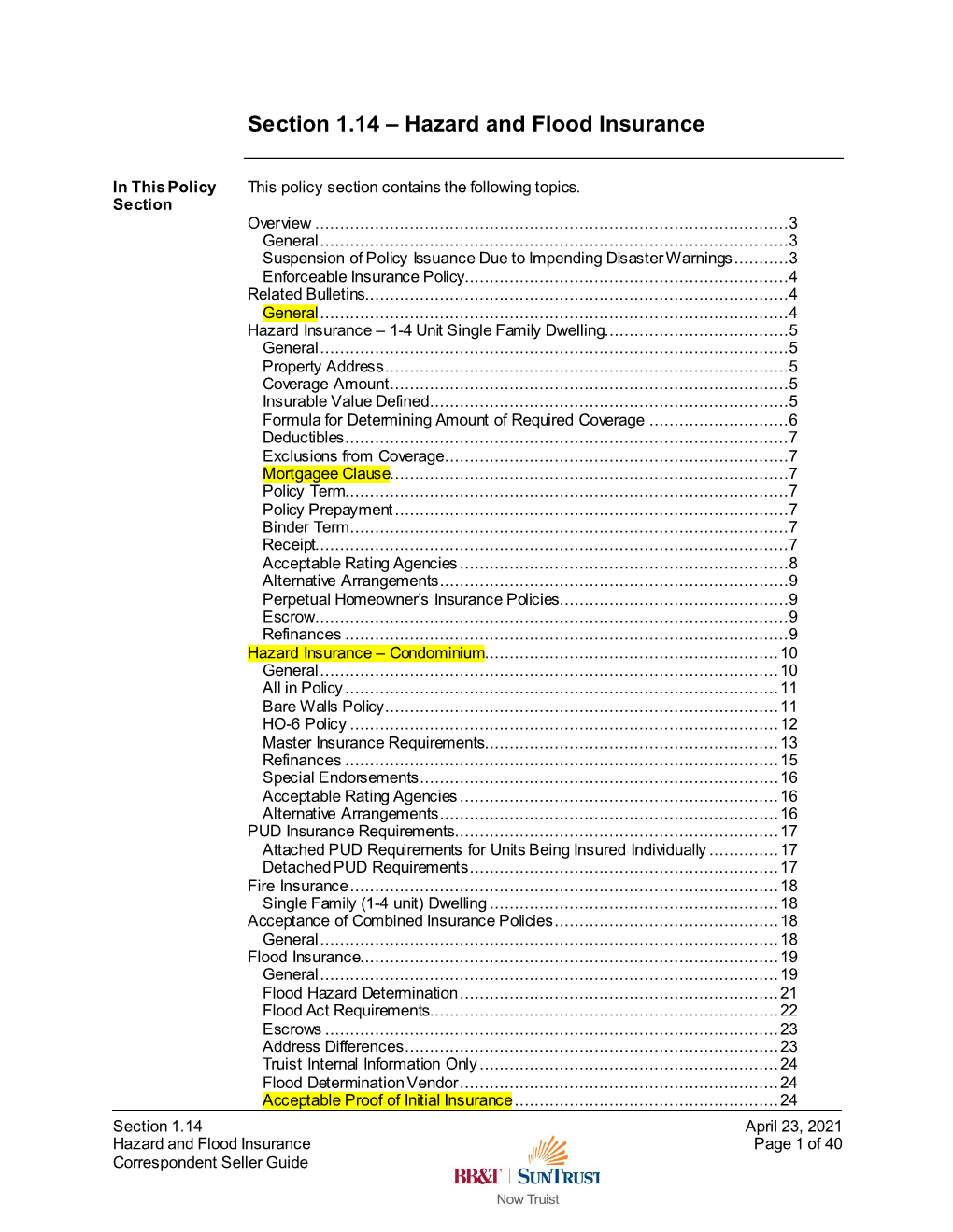 Section 1.14: Hazard and Flood Insurance | 04/23/2021