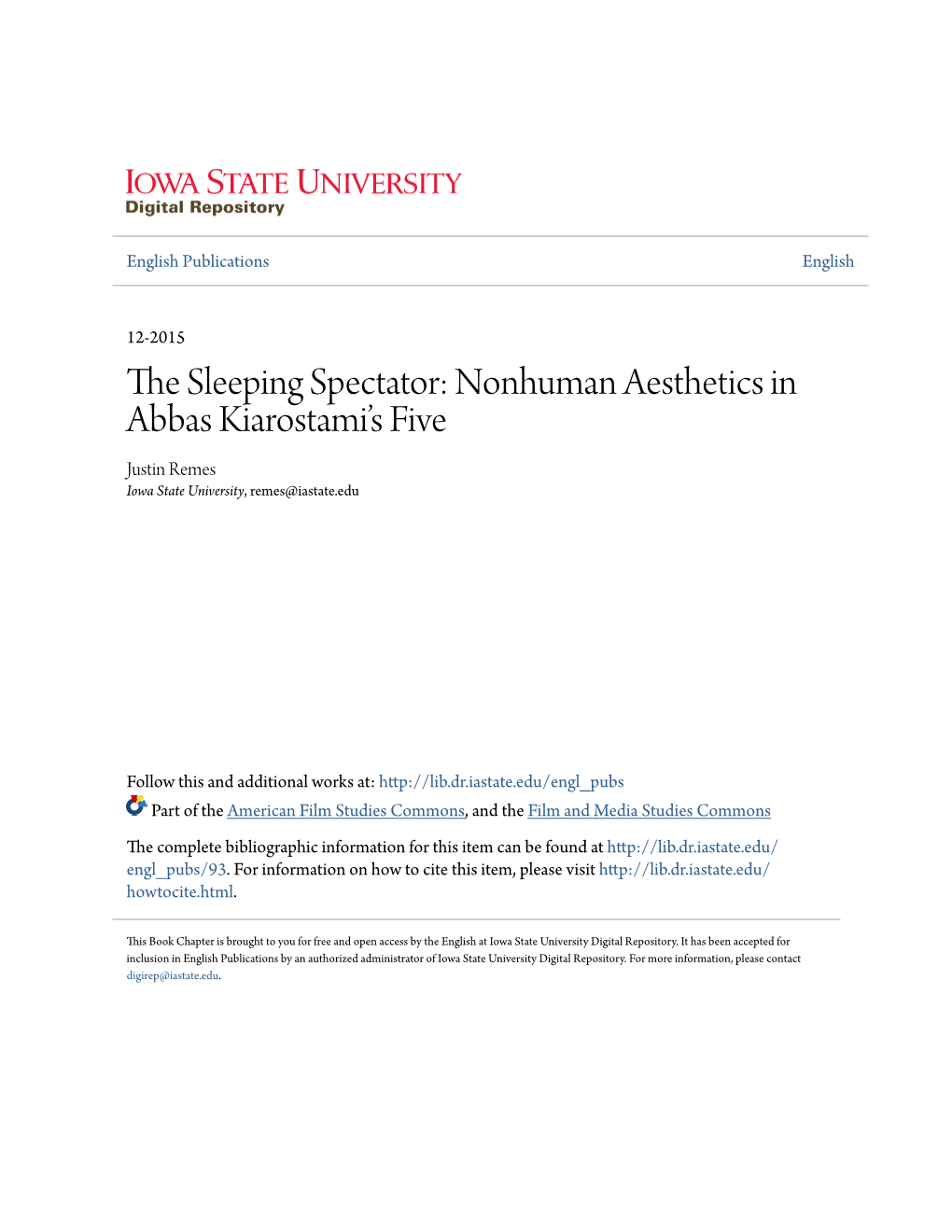 The Sleeping Spectator: Non-Human Aesthetics in Abbas Kiarostami’S Five: Dedicated to Ozu