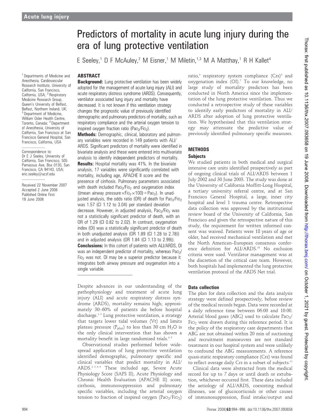 Predictors of Mortality in Acute Lung Injury During the Era