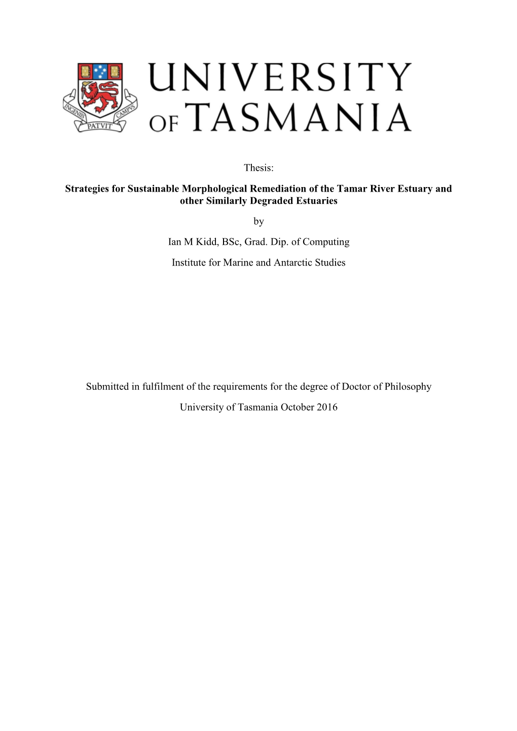 Tracer Analysis of Sediment Redistribution of Tamar AMC Search and Estuary for Launceston Flood Authority ETS Worldwide Ltd