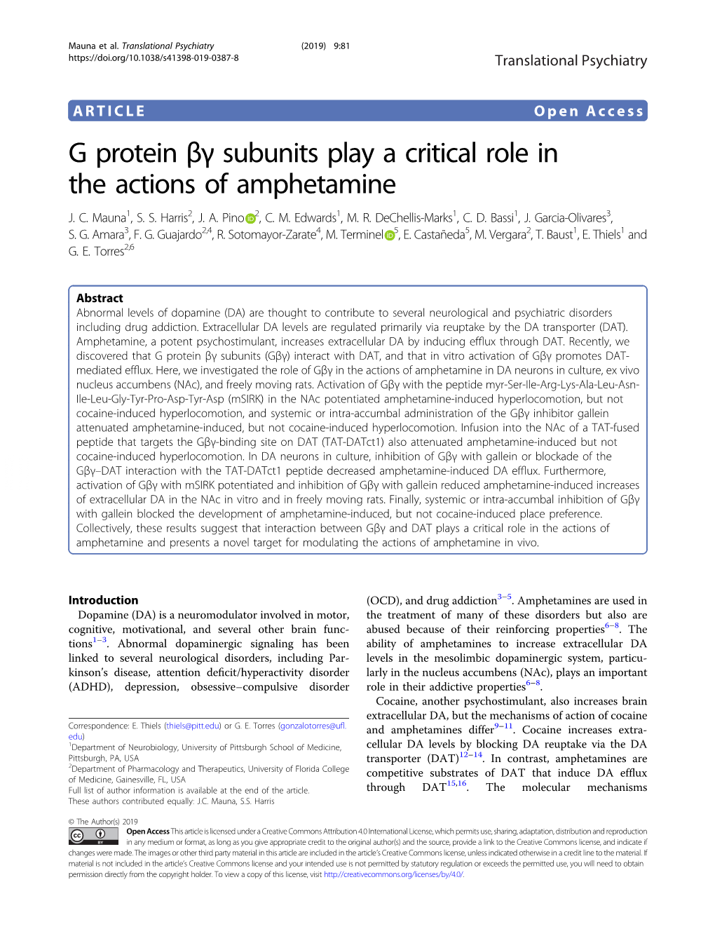 G Protein Βγ Subunits Play a Critical Role in the Actions of Amphetamine