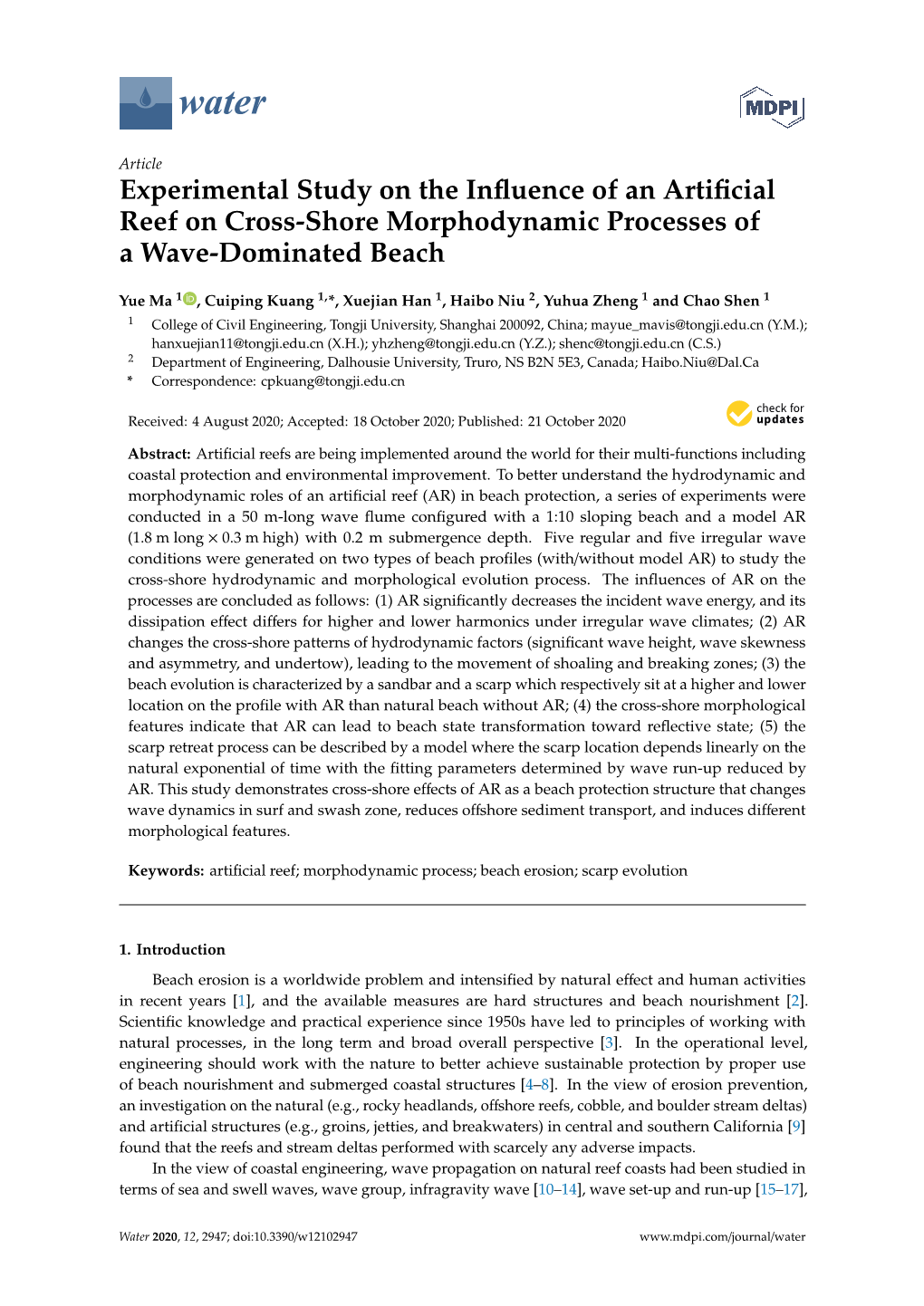 Experimental Study on the Influence of an Artificial Reef on Cross-Shore