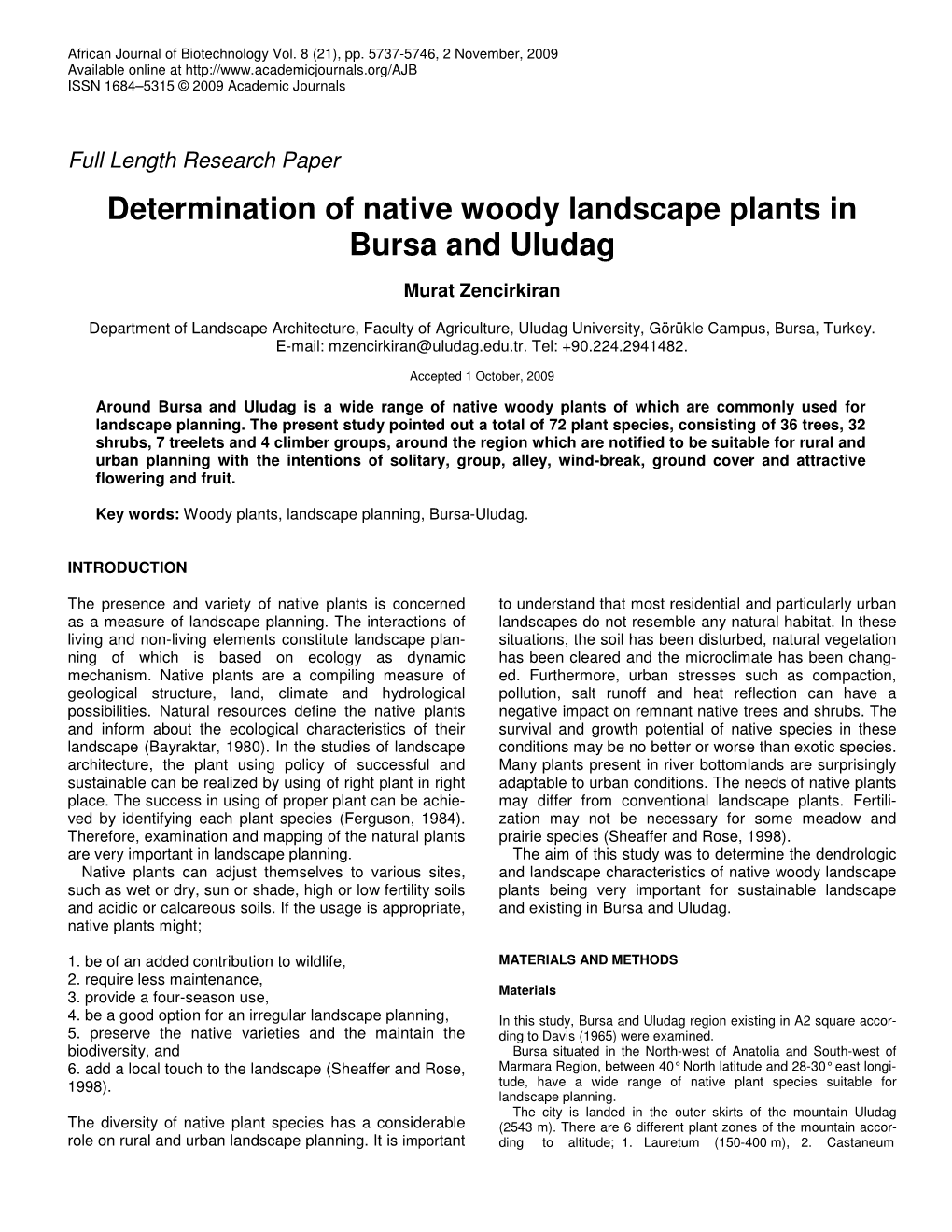 Determination of Native Woody Landscape Plants in Bursa and Uludag