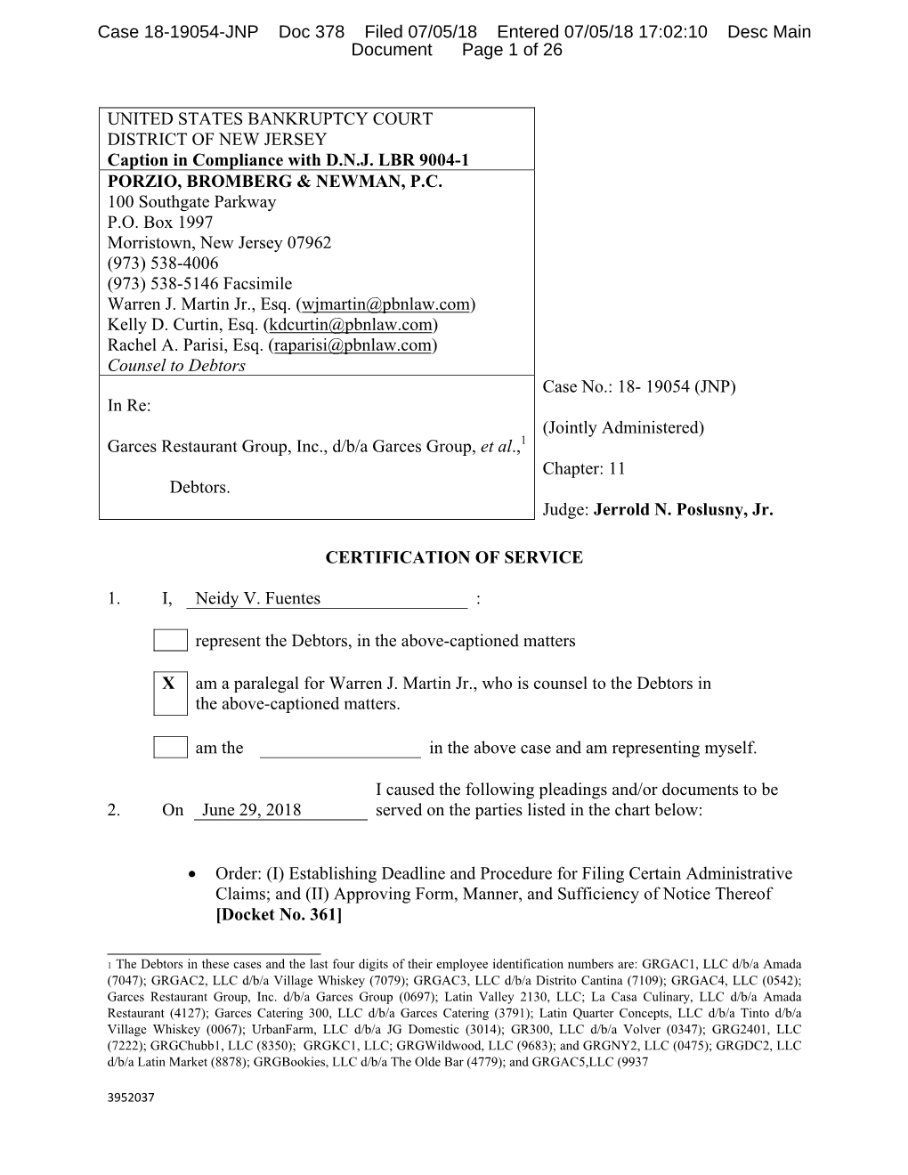 Case 18-19054-JNP Doc 378 Filed 07/05/18 Entered 07/05/18 17:02:10 Desc Main Document Page 1 of 26