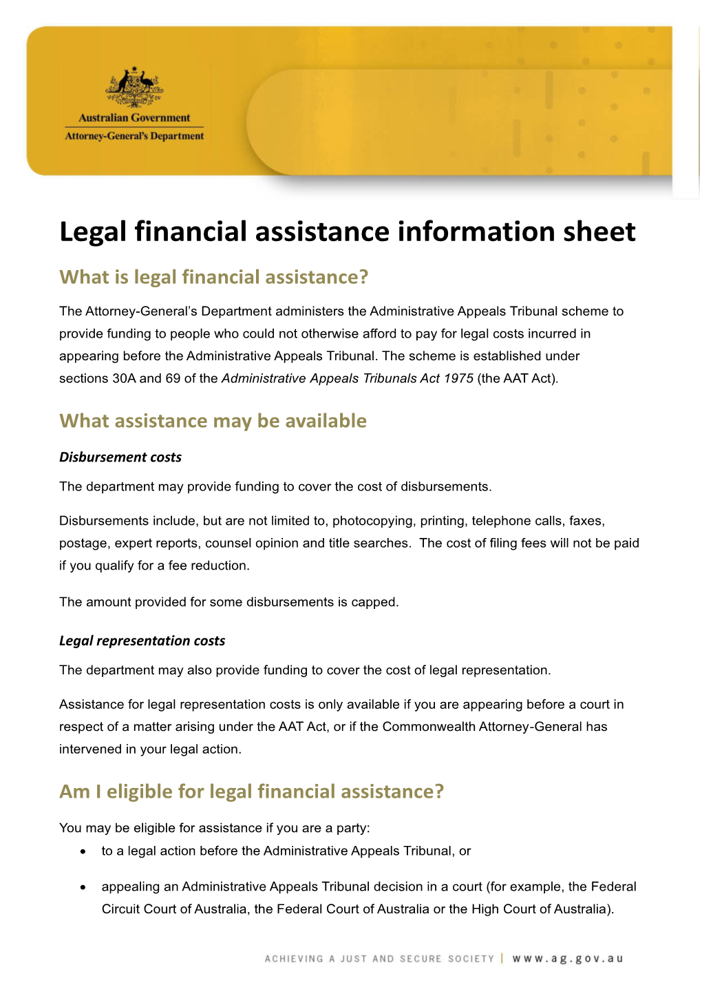 Legal Financial Assistance Information Sheet