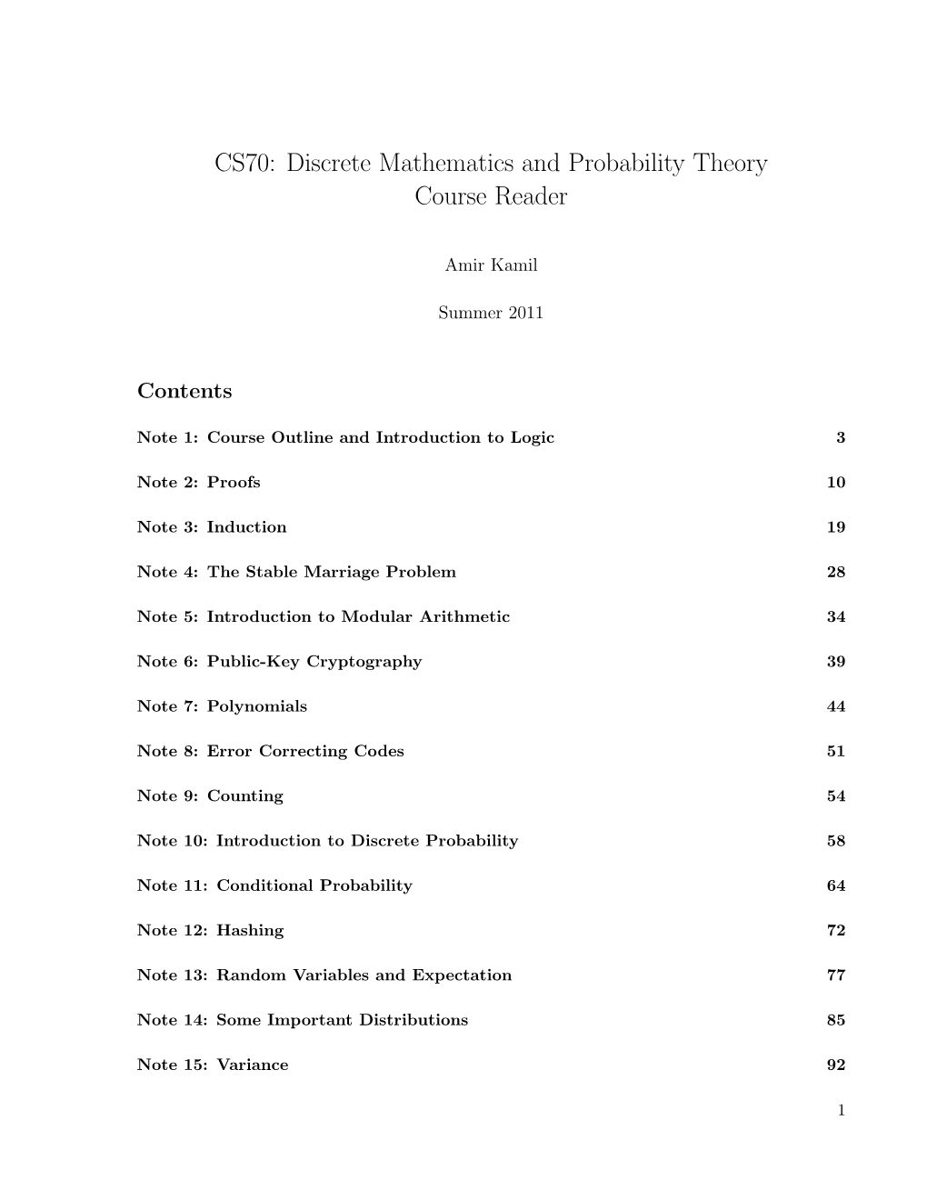 CS70: Discrete Mathematics and Probability Theory Course Reader