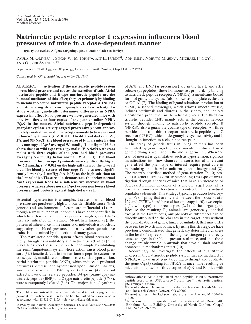 Natriuretic Peptide Receptor 1 Expression Influences Blood Pressures of Mice in a Dose-Dependent Manner