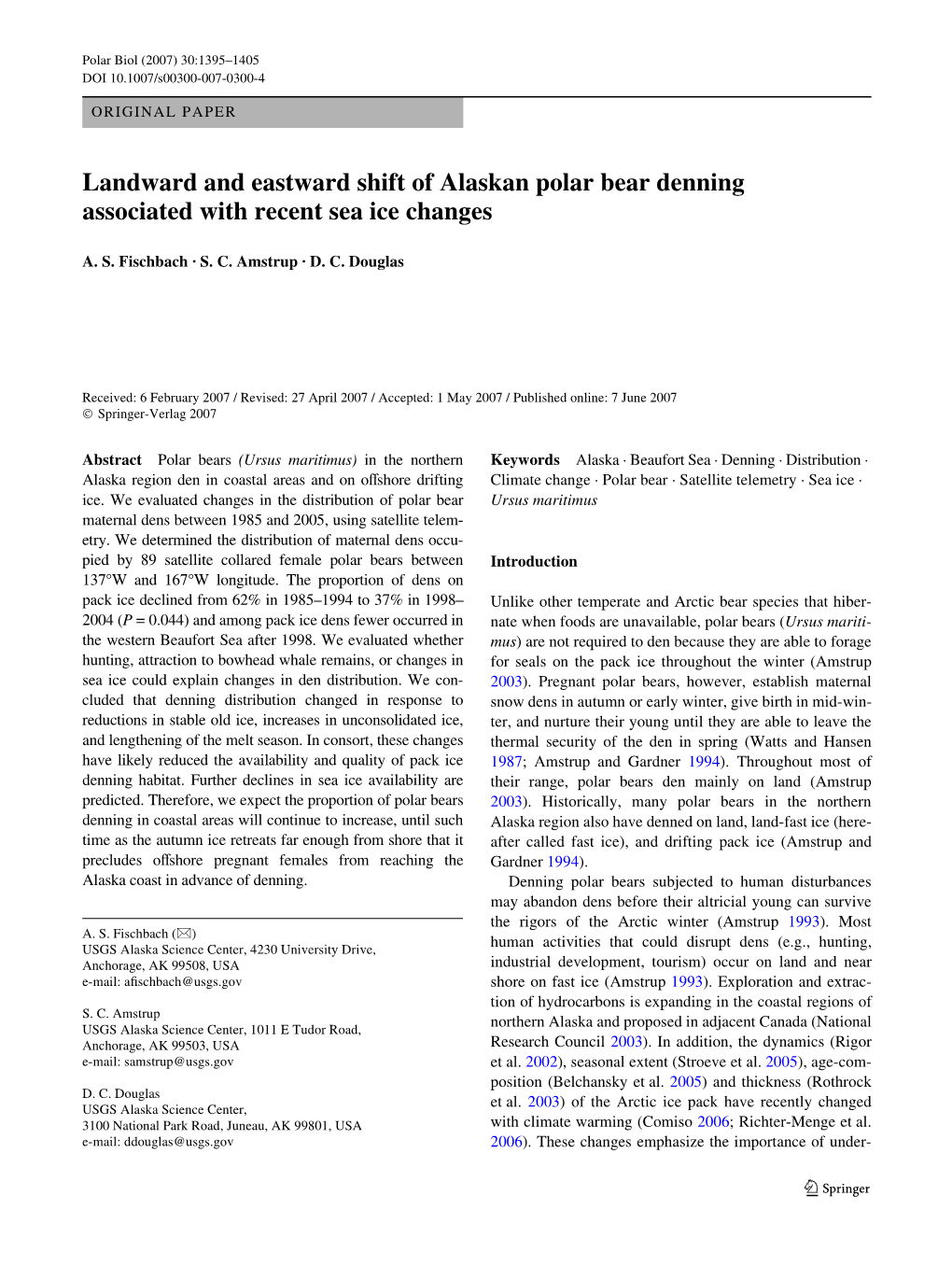 Landward and Eastward Shift of Alaskan Polar Bear Denning Associated with Recent Sea Ice Changes