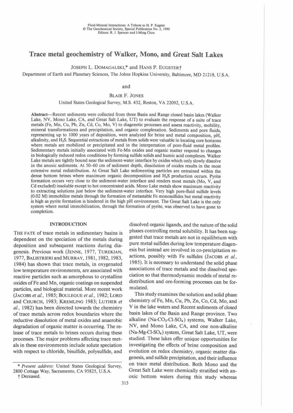 Trace Metal Geochemistry of Walker, Mono, and Great Salt Lakes