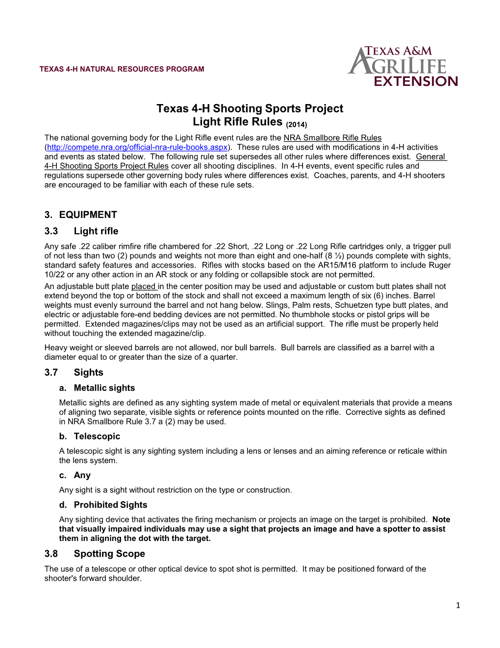 Texas 4-H Shooting Sports Project Light Rifle Rules (2014)