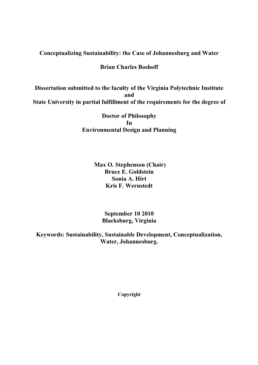 Conceptualizing Sustainability: the Case of Johannesburg and Water