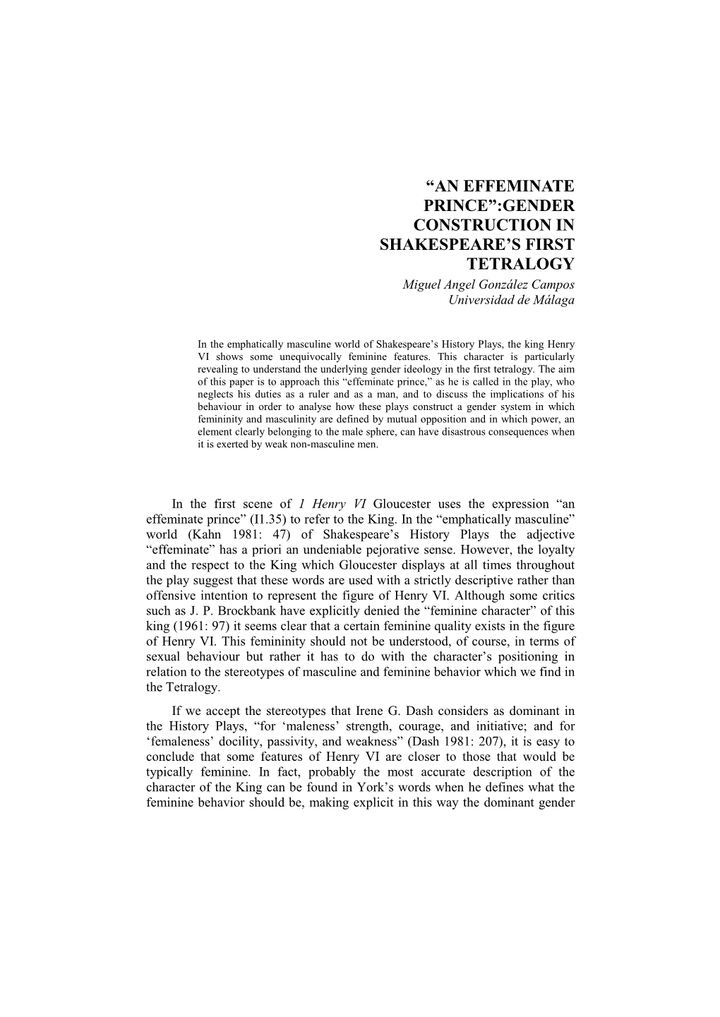 “AN EFFEMINATE PRINCE”:GENDER CONSTRUCTION in SHAKESPEARE’S FIRST TETRALOGY Miguel Angel González Campos Universidad De Málaga