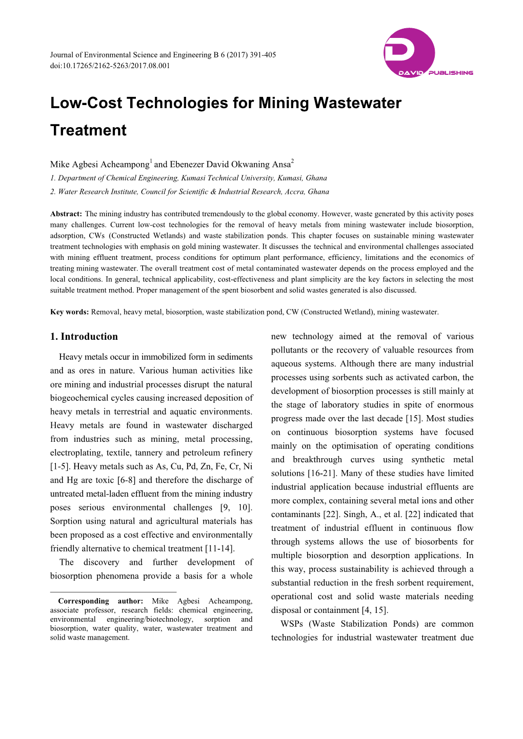 Low-Cost Technologies for Mining Wastewater Treatment