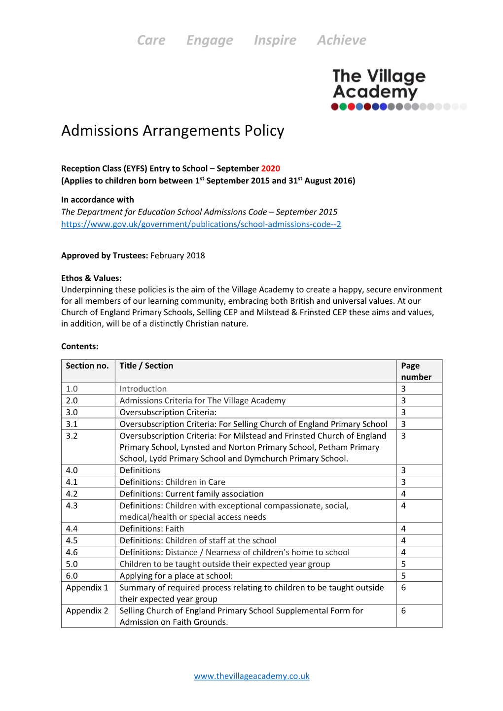 Admissions Arrangements Policy