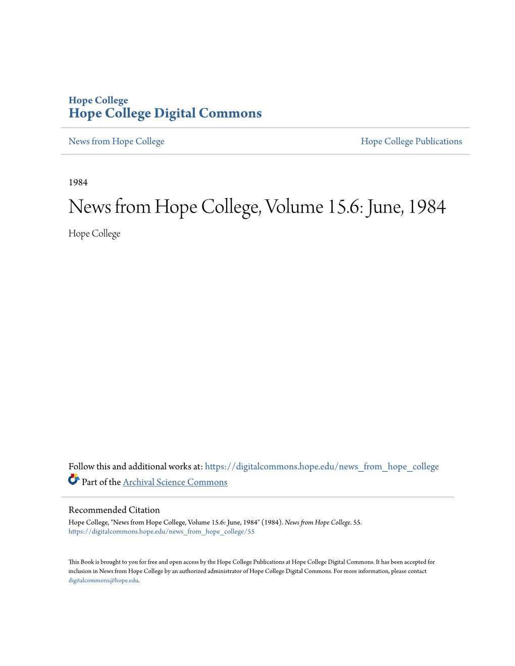 News from Hope College, Volume 15.6: June, 1984 Hope College