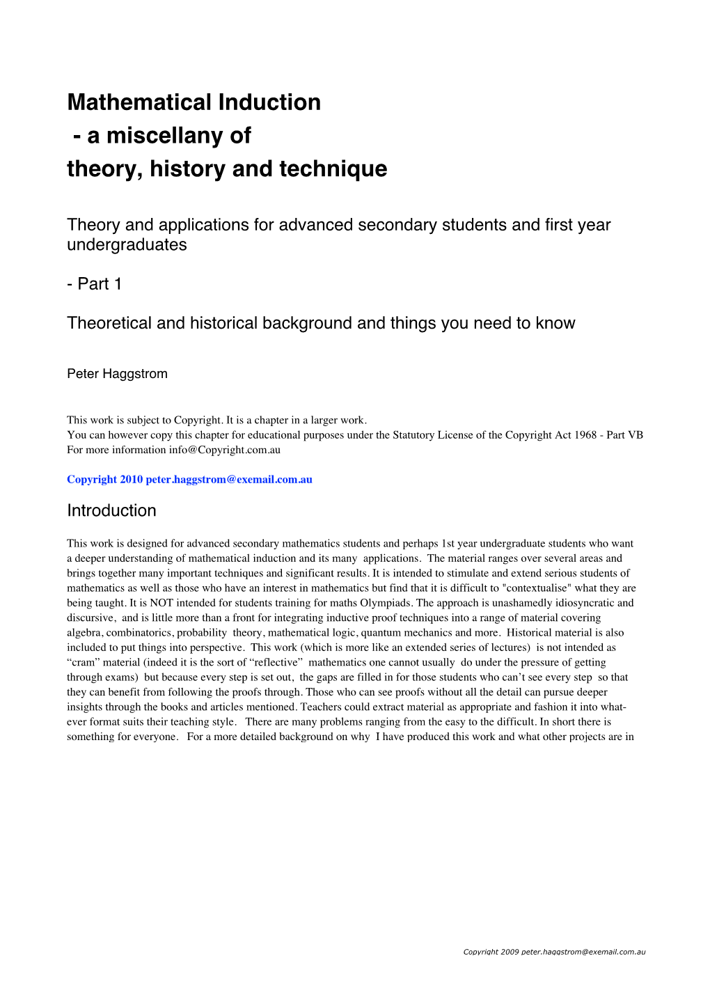 Mathematical Induction - a Miscellany of Theory, History and Technique