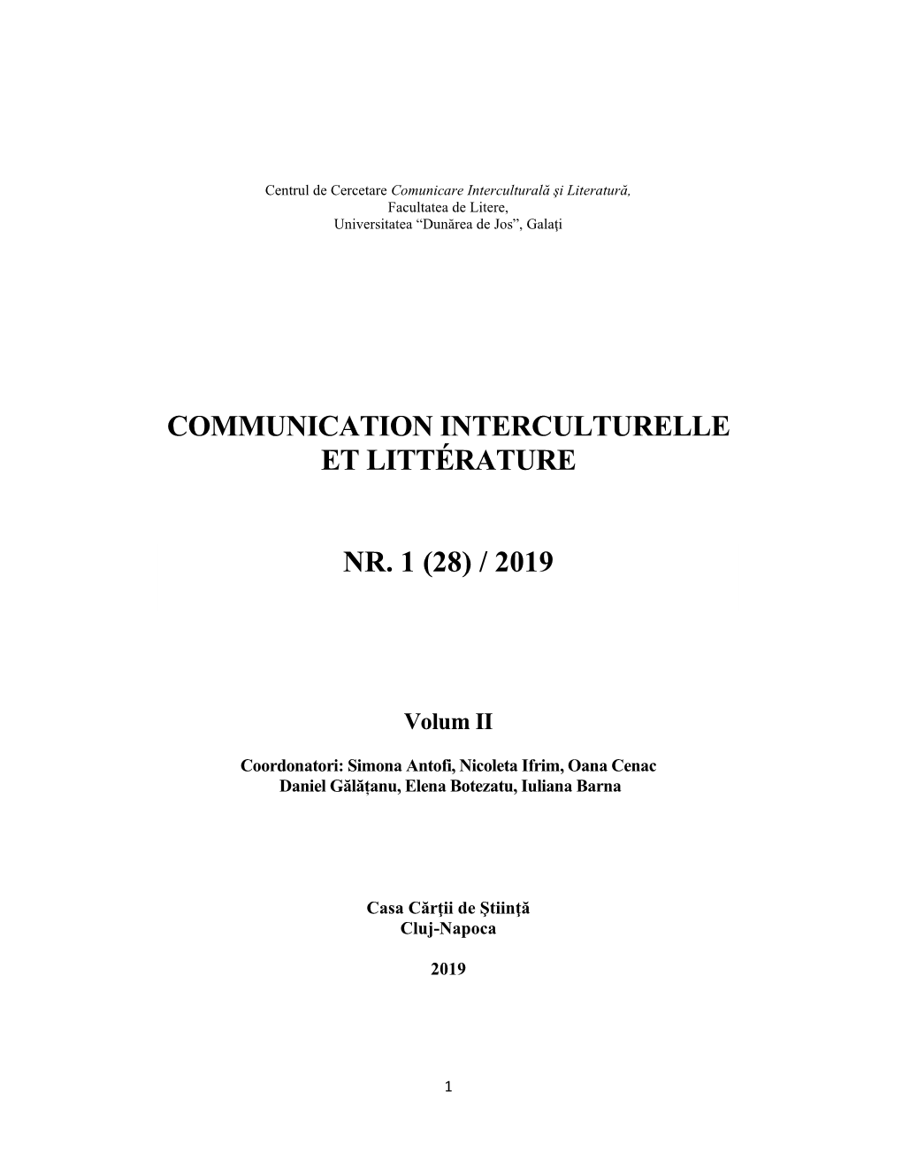 Communication Interculturelle Et Littérature Nr. 1 (28) / 2019