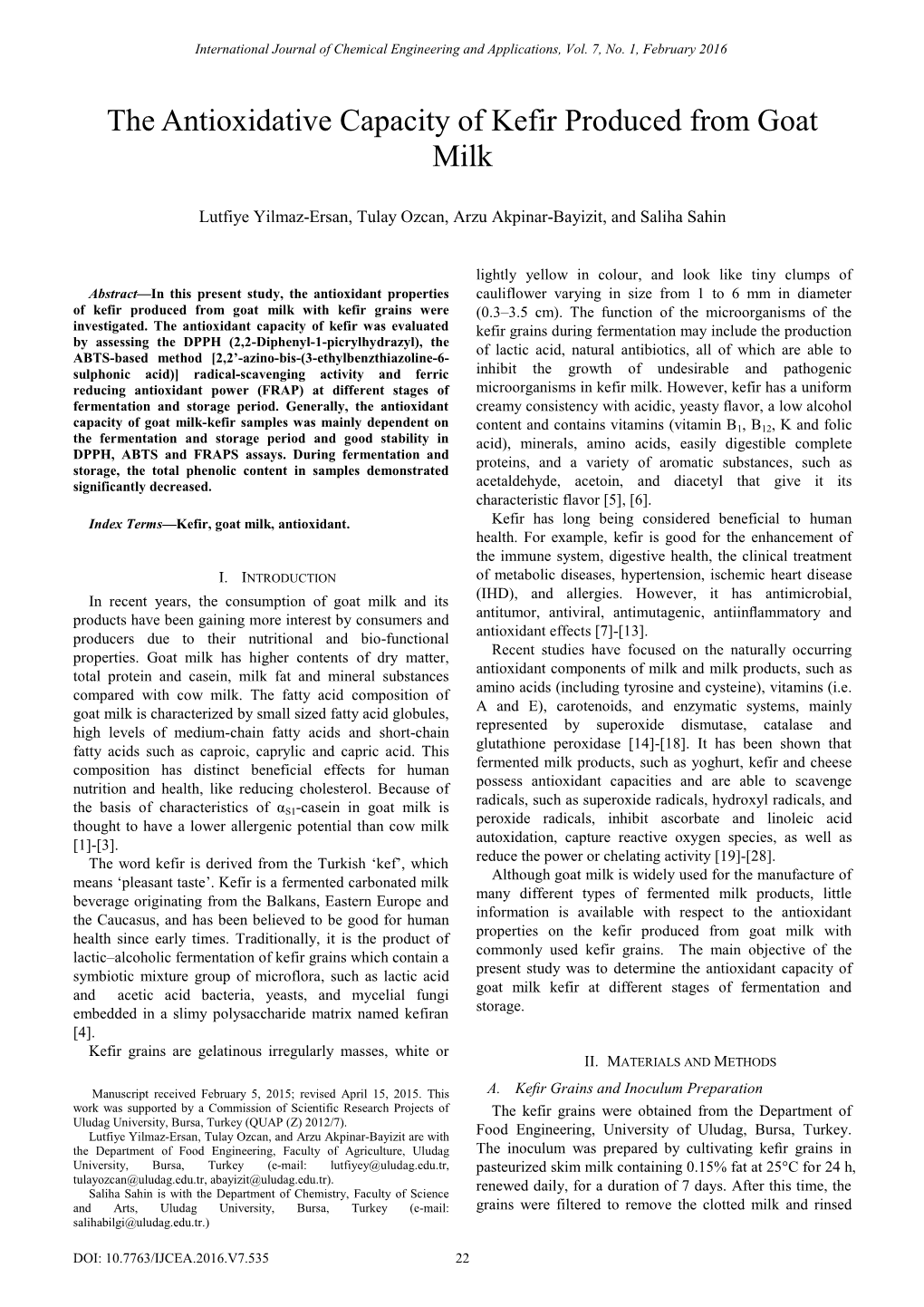 The Antioxidative Capacity of Kefir Produced from Goat Milk