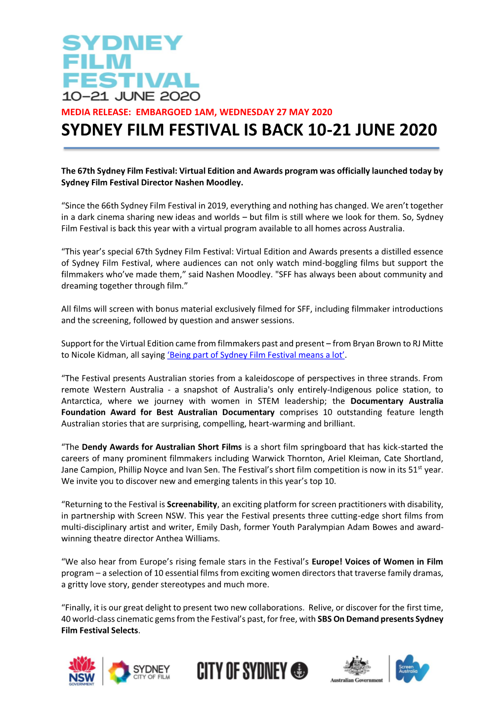 Sydney Film Festival Is Back 10-21 June 27/05/2020