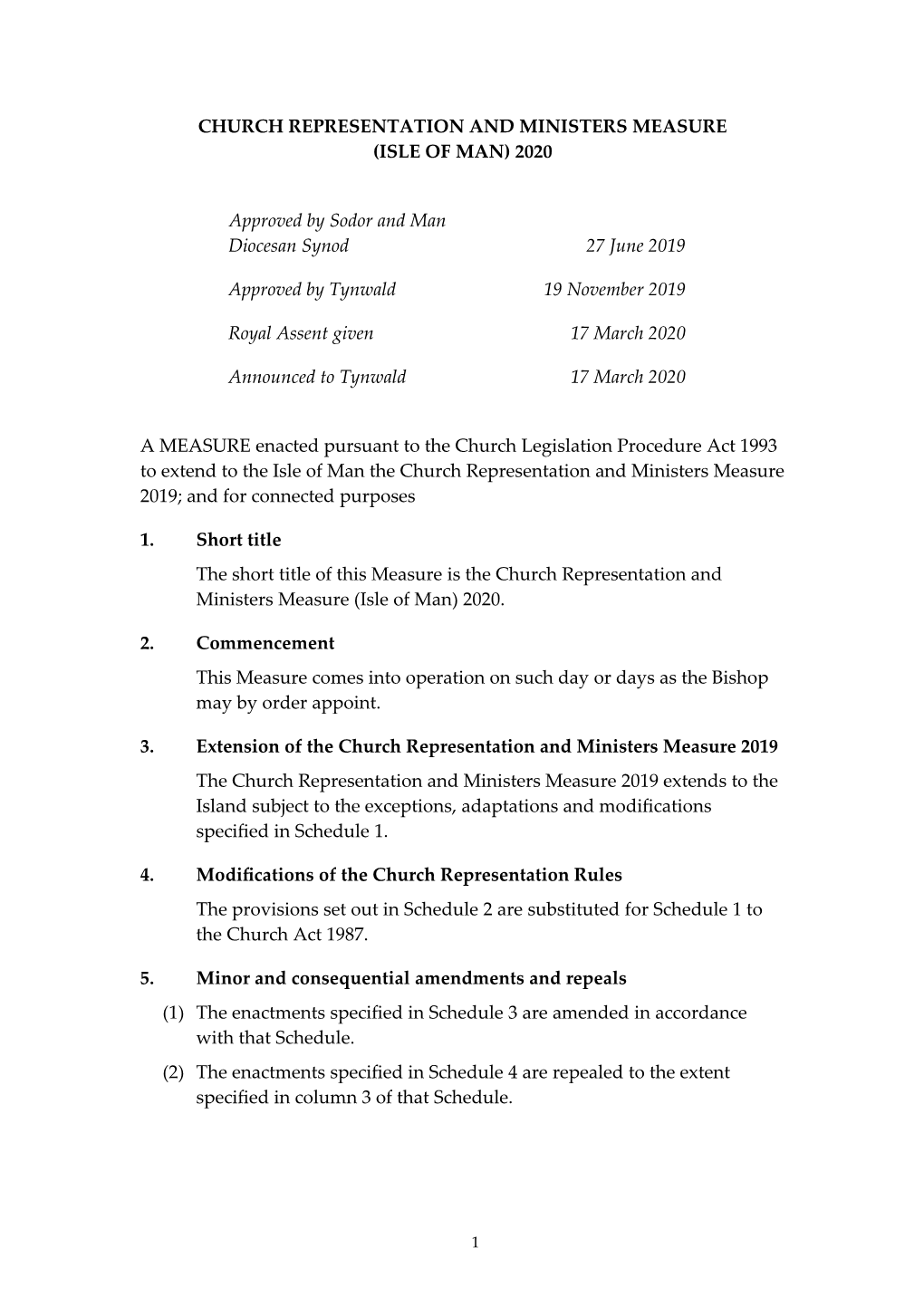 Church Representation and Ministers Measure (Isle of Man) 2020