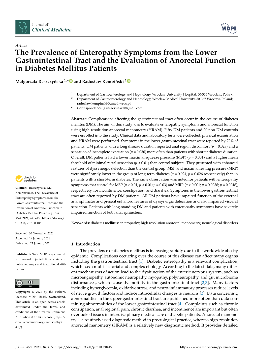 The Prevalence of Enteropathy Symptoms from the Lower Gastrointestinal Tract and the Evaluation of Anorectal Function in Diabetes Mellitus Patients