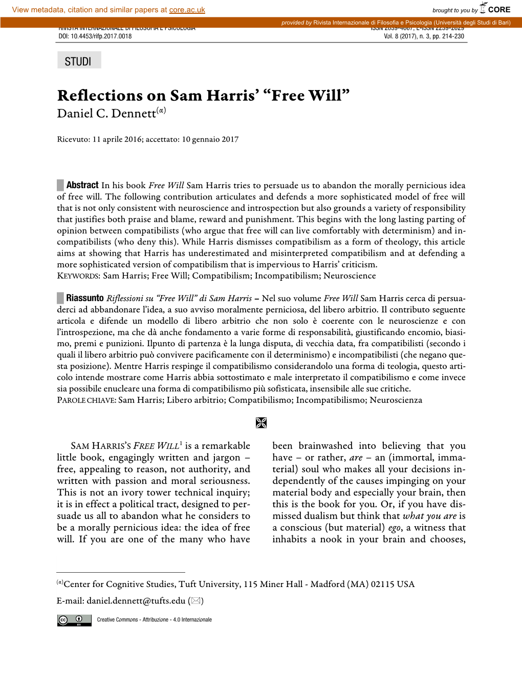 Reflections on Sam Harris' “Free Will”