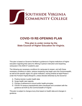 Southside Virginia Community College COVID-19 Campus Re-Opening Plan