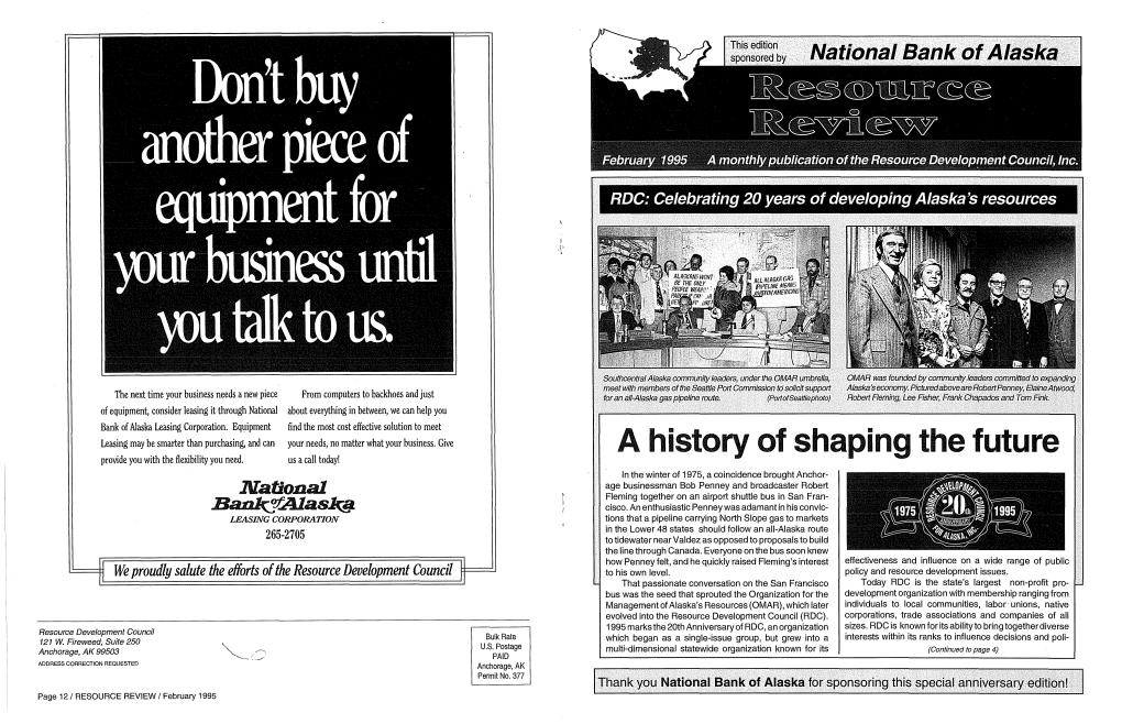 Resource Development Council for Alaska, Inc. 20Th Anniversary Celebration Friday, March 3, 1995 Howard Rock Ballroom Sheraton Anchorage Hotel 6:30 P.M