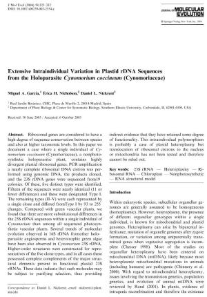 Extensive Intraindividual Variation in Plastid Rdna Sequences from the Holoparasite Cynomorium Coccineum (Cynomoriaceae)