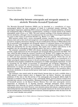 The Relationship Between Anterograde and Retrograde Amnesia in Alcoholic Wernicke-Korsakoff Syndrome1