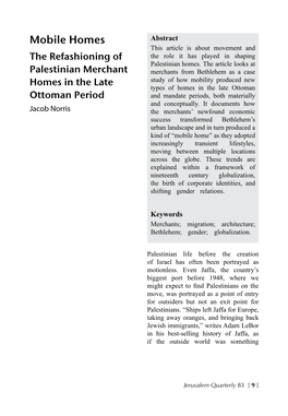 Mobile Homes Abstract This Article Is About Movement and the Refashioning of the Role It Has Played in Shaping Palestinian Homes